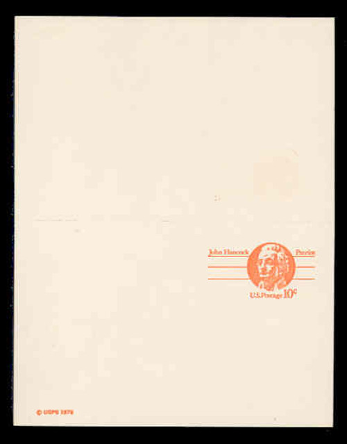 USA Scott # UY 30, 1978 10c John Hancock - Patriot Series - Mint Message-Reply Card, SMOOTH PAPER - UNFOLDED