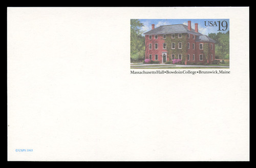 U.S. Scott # UX 173, 1993 19c Massachusetts Hall, Bowdoin College - Mint Postal Card