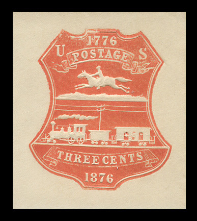 USA Scott # U 218, 1876 3c Centennial, Scott Die U57, single line , red on white - Mint Cut Square