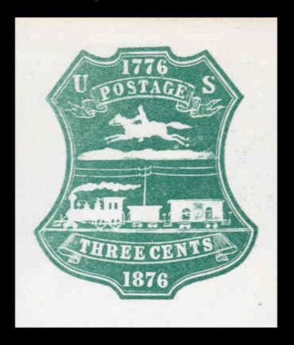 USA Scott # U 219, 1876 3c Centennial, Scott Die U57, single line , green on white - Mint Cut Square