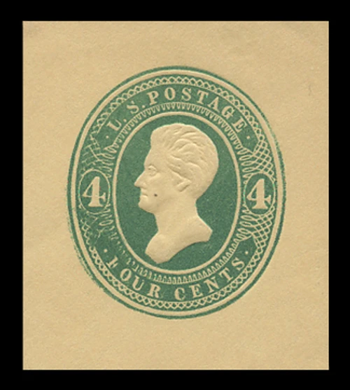 USA Scott # U 251, 1883-6 4c Jackson, Scott Die U66-1 (thin "4"), green on amber - Mint Cut Square