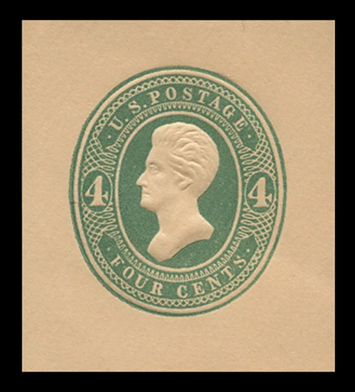 USA Scott # U 252, 1883-6 4c Jackson, Scott Die U66-1 (thin "4"), green on oriental buff - Mint Cut Square
