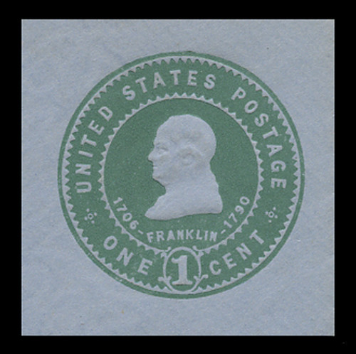 USA Scott # U 382, 1903 1c Franklin, Scott Die U85, green on blue - Mint Cut Square (See Warranty)