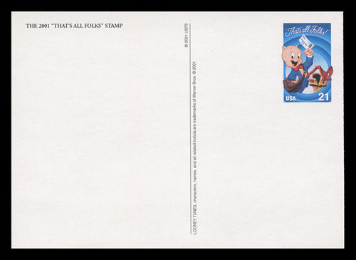 U.S. Scott # UX 376, 2001 21c Warner Brothers, That's All Folks! - Mint Picture Postal Card