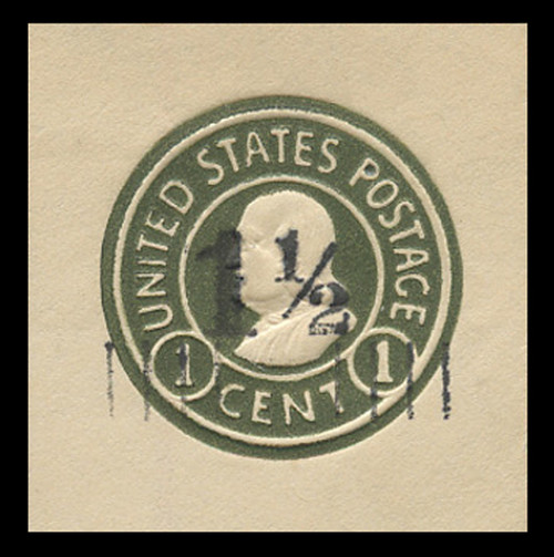 USA Scott # U 495b, 1925 1½c on 1c (U420b) Franklin, green on white, Die 3 - Mint Cut Square