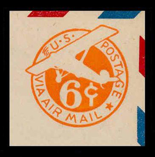 USA Scott # UC  6 1942 6c Plane, Orange Background, Die 3, Border d(4) - Mint Cut Square (See Warranty)