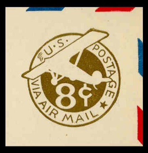 USA Scott # UC  7 1932 8c Plane, Olive Green Background, Die 2, Border b(2) - Mint Cut Square (See Warranty)