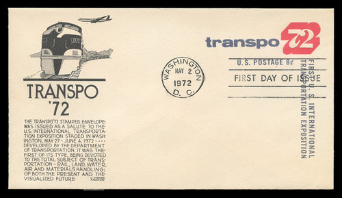 U.S. Scott #U565 8c TRANSPO '72 Envelope First Day Cover.  Anderson cachet, BLACK variety.