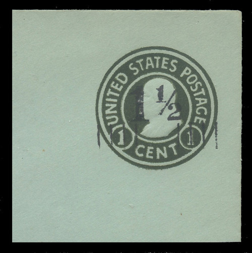USA Scott # U 498, 1925 1½c on 1c (U423c) Franklin, green on blue, Die 4 - Mint Full Corner