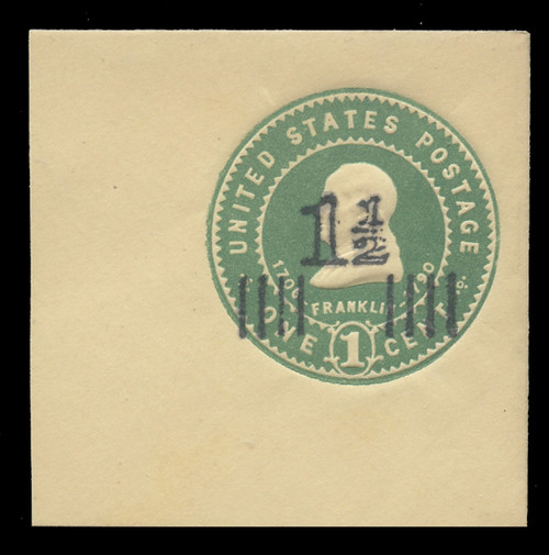 USA Scott # U 509, 1925 1½c on 1c (U380) Franklin, green on amber - Mint Full Corner