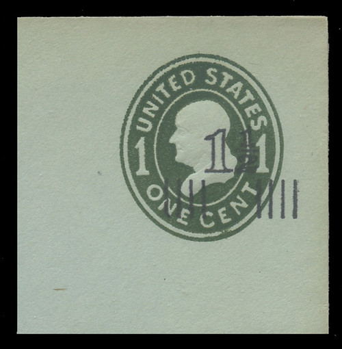 USA Scott # U 513a, 1925 1½c on 1c (U403c) Franklin, green on blue, Die 4 - Mint Full Corner