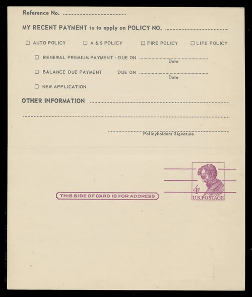 USA Scott # UY 18/UPSS # MR28Ac, 1962 4c Lincolns - Type1 on M, Type 2 on R - UNUSED Message/Reply Card (MUST - See Other Details))