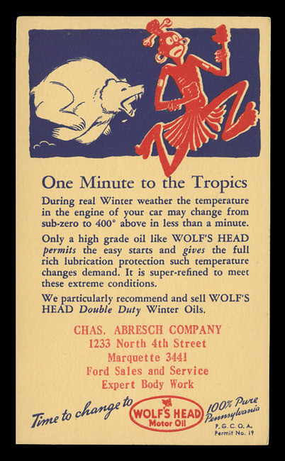 Wolf's Head Motor Oil Advertising Postal Card (On Scott #UX27) - Est. period of use, late 1930s.