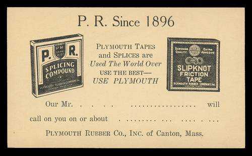 Plymouth Rubber Co., Tapes & Splices Advertising Postal Card (On Scott #UX27) - Est. period of use, late 1940s.