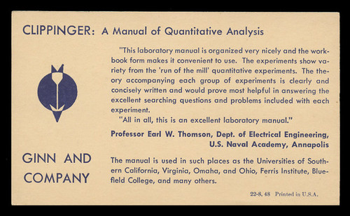 Ginn & Company, Clippinger's Manual of Quantitative Analysis Aadvertising Ppostal Card (On Scott #UX27) - Est. period of use, late 1940s.