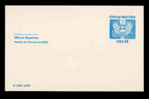 U.S. Scott # UZ 03FM, 1985 14c Official Mail, white on blue - Mint Postal Card, FLUORESCENT (Medium Bright) PAPER (See Warranty)