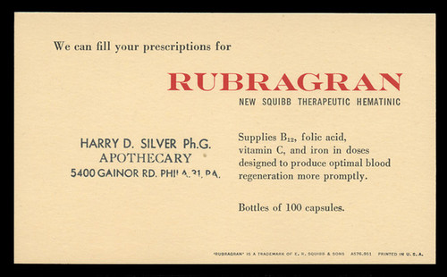 E.R. Squibb & Sons, Rubragran Vitamins Advertising Postal Card (On Scott #UX27) - Est. period of use, Early 1950s.