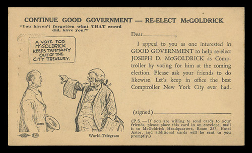 Election Card: Joseph D. McGoldrick, N.Y.C. Comptroller (On Scott #UX27) - Est. period of use, 1941 Election.