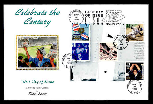 U.S. Scott #3187 33c CTC - Yankees & Dodgers/Jackie Robinson/Rocky Marciano/Babe Ruth Press Sheet First Day Cover.  Steve Levine/Colorano cachet, Vertical Gutter