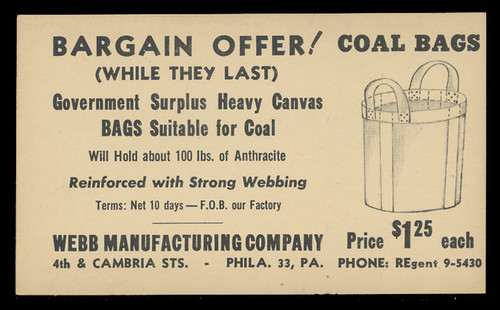 Webb Mfg. Gov't Surplus Coal Bags Advertising Card (On Scott #UX27) - Est. period of use, mid-1940s.