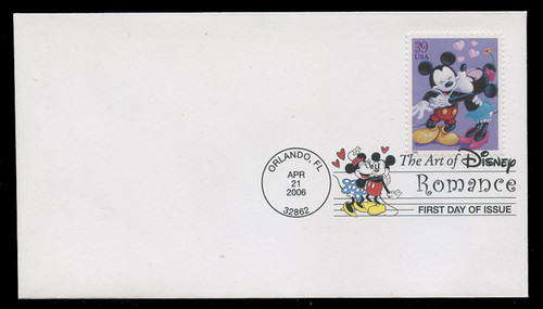 U.S. Scott #4025-8, 2006 39c Disney - Romance SET of 4 First Day Covers.  Digital Colorized Postmarks