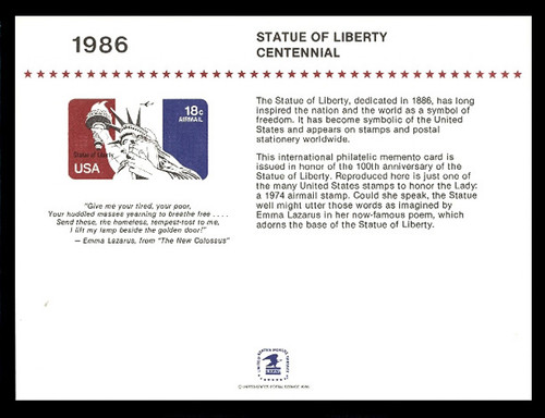 Brookman PS62/Scott SC110 1986 Statue of Liberty Centennial Souvenir Card