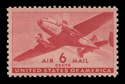 U.S. Scott # C  25, 1941 6c Twin Motored Transport Plane, carmine U.S. Scott # C  25, 1941 6c Twin Motored Transport Plane, carmine