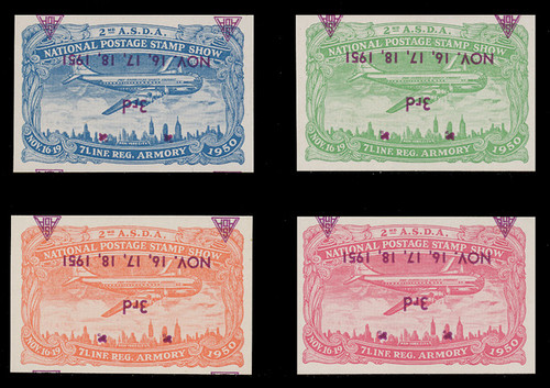 ASDA 1951MAGi-INVT (3rd) Stamp Show, Plane Over New York, Magenta Overprint, INVERTED OVERPRINT, Imperforate (Set of 4)