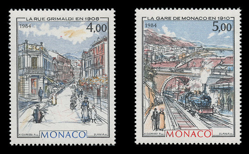 MONACO Scott #1436-7, 1984 Rue Grimaldi & Trains, Paintings by Hubert Clerissi (Set of 2)