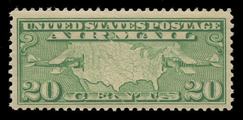 U.S. Scott # C   9, 1926-7 20c Map of U.S. & Planes, yellow green
