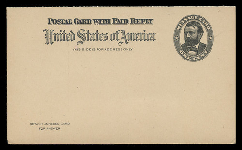U.S. Scott # UY  3, 1898 1c Grant (WITHOUT Frame) - Mint Message-Reply Card - FOLDED