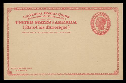U.S. Scott # UY 11, 1924 2c Liberty Head (Red) - Mint International Message-Reply Card - FOLDED