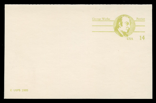 U.S. Scott # UY 37, 1985 14c George Wythe - Patriot Series - Mint Message-Reply Card - FOLDED