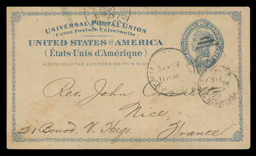 U.S. Scott # UX   6, 1879 2c Liberty Head, blue on buff with border & Small Margin - Used Postal Card