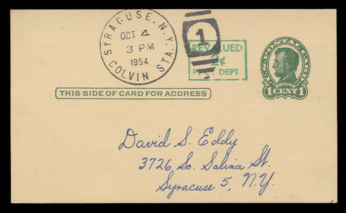 U.S. Scott # UX  40/UPSS #S58-1H2, 1952 2c on 1c Abraham Lincoln (UX28), Head 2, green on buff - Used Postal Card (See Warranty)