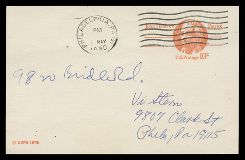U.S. Scott # UX  75, 1978 10c John Hancock - Patriot Series - Used Postal Card, DULL PAPER (See Warranty)