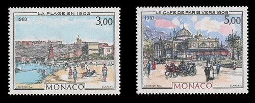 MONACO Scott #1385-6, 1983 Beach & Café, Paintings by Hubert Clerissi (Set of 2)