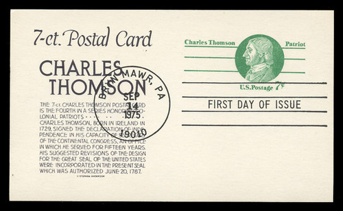 U.S. Scott #UX68 7c Charles Thomson Postal Card First Day Cover.  Anderson cachet, BLACK variety.