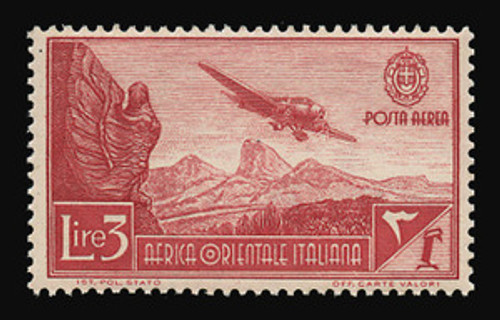 ITALIAN EAST AFRICA Scott # C 8, 1938 3.00 lire carmine lake Airplane/Mountains