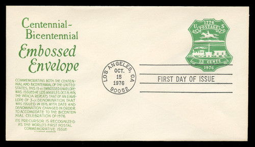 U.S. Scott #U582 13c Bicentennial Envelope First Day Cover.  Anderson cachet, GREEN variety.