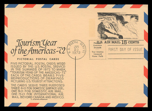 U.S. Scott #UXC13 15c Niagara Falls Postal Card First Day Cover.  Anderson cachet, BLACK variety.