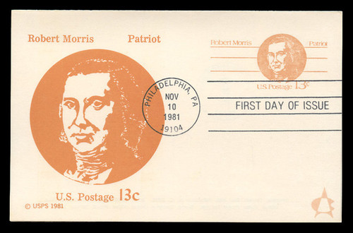 U.S. Scott #UY34 13c Robert Morris Reply Card First Day Cover.  Andrews cachet.