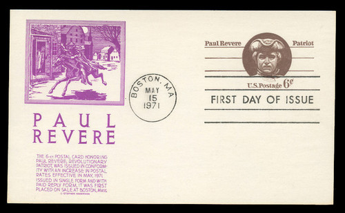 U.S. Scott #UX58 6c Paul Revere Postal Card First Day Cover.  Anderson cachet, PURPLE variety.