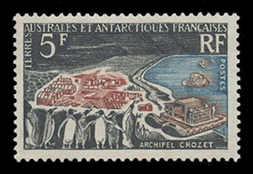 FSAT Scott #  23, 1963  5fr Penguins & Camp on Crozet Island