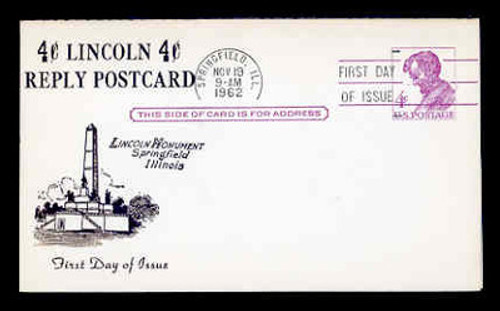U.S. Scott #UY18 4c Abraham Lincoln Reply Card First Day Cover.  Centennial cachet.