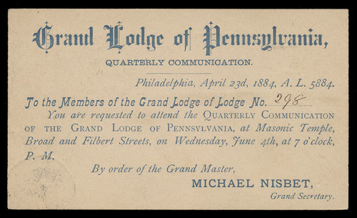 Grand Lodge of Pennsylvania, Quarterly Communication (On Scott #UX7) - Est. period of use, 1883.