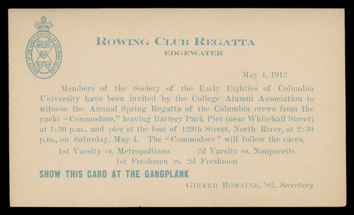 Columbia University, Rowng Club Regatta (On Scott #UX24) - Est. period of use, 1912.