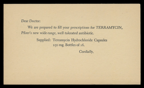 Pfizer, Terramycin Hydrochloride, Drug Store Advertising Card (On Scott #UX27) - Est. period of use, early 1950s.