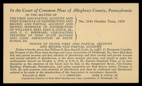 Legal Notice, Depression Era Bank Liquidation (On Scott #UX27) - Est. period of use, 1939.
