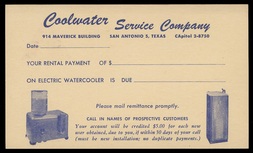 Coolwater Service Company, Water Cooler Rental Payment Notice (On Scott #UX44) - Est. period of use, mid 1950s.